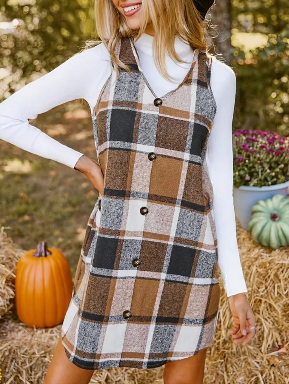 NWT Cupshe V Neck Plaid Sleeveless Mini Dress - Brown White Black